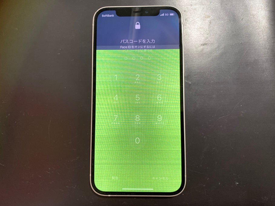 iPhone12Proの液晶が緑色に光っています。